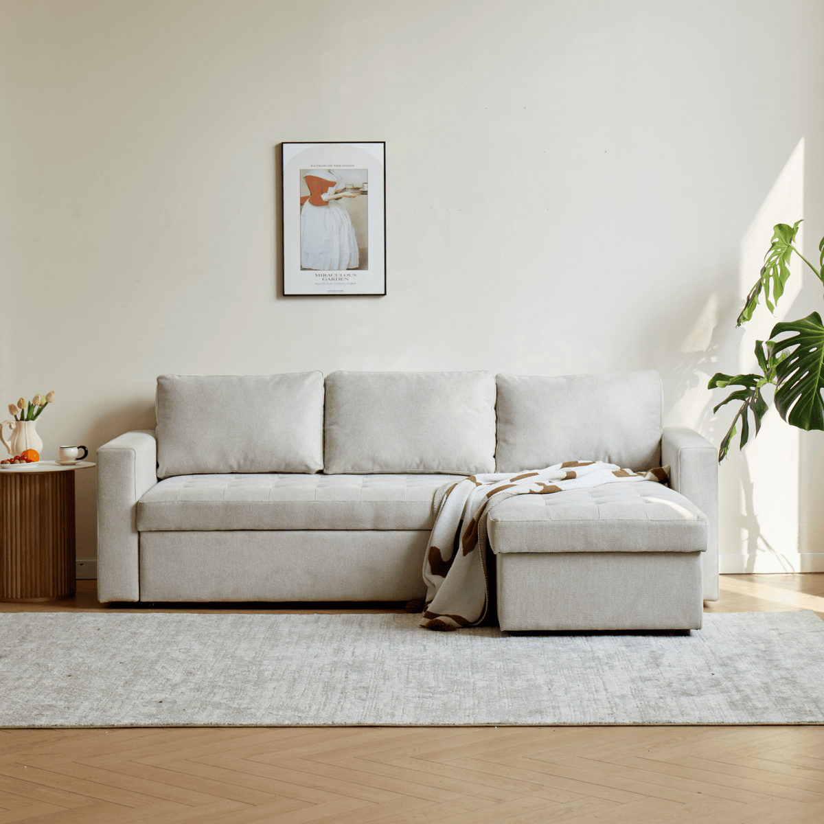 Sovesofa med chaiselong i beige → Hurtig levering