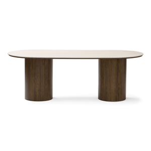 Enzo ovalt spisebord med stenbordplade i beige og lamelfod i røget eg 220x100x76 cm