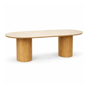 Enzo ovalt spisebord med stenbordplade i beige og lamelfod i eg 220x100x76 cm