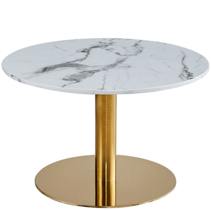Lazio rundt sofabord i hvid marmor look med guld/messing ben Ø70 cm