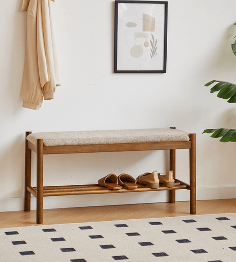 Mathew bænk i røget eg med polstret sæde i sand 90x35x45 cm
