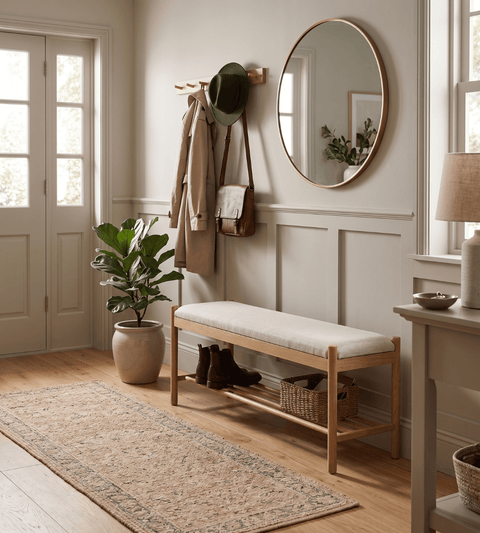 Mathew bænk i eg med polstret sæde i beige 140x35x45 cm