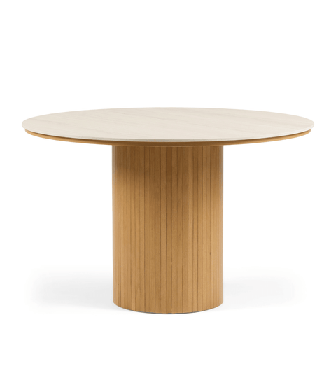 Enzo rundt spisebord med bordplade i beige sten og lamelfod i egetræ Ø120 cm