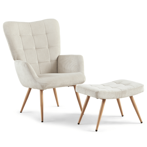 Allison Lænestol med skammel - beige fløjl med egelook