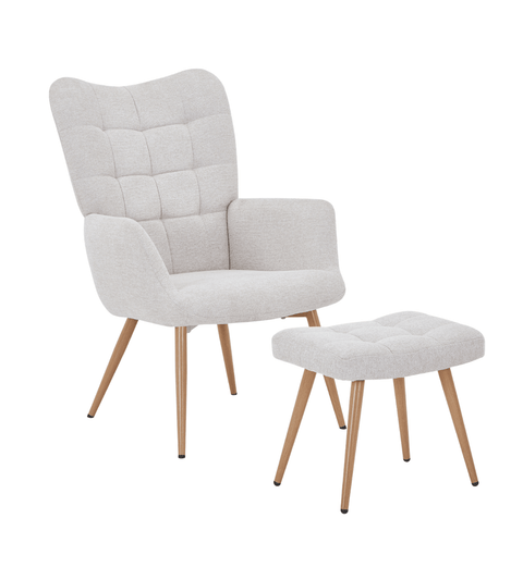 Robert lænestol med skammel - beige tekstil med egelook