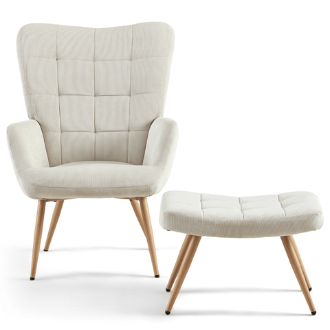 Allison Lænestol med skammel - beige fløjl med egelook