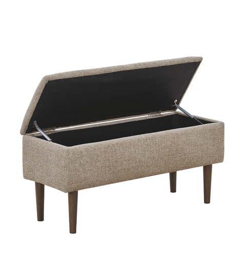 Malika bænk - sand tekstil med opbevaring og ben i røget egelook 95x35x45 cm