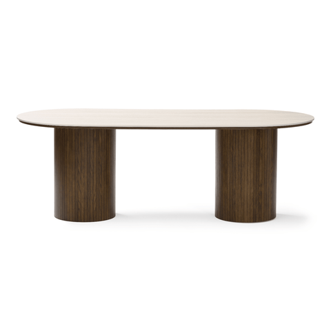 Enzo ovalt spisebord med stenbordplade i beige og lamelfod i røget eg 220x100x76 cm