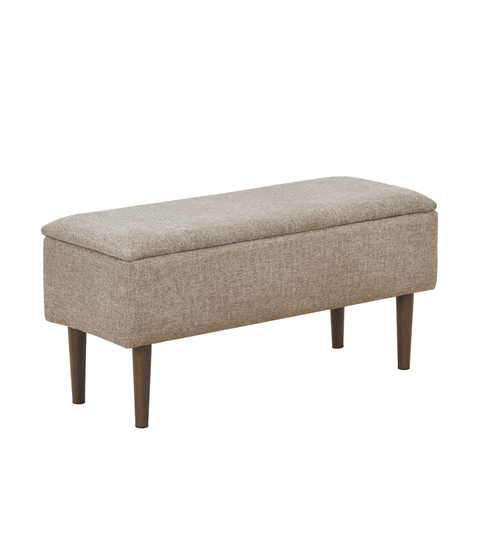 Malika bænk - sand tekstil med opbevaring og ben i røget egelook 95x35x45 cm