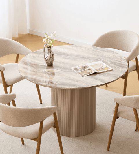Martina rundt spisebord beige marmorlook med søjleben Ø120 cm