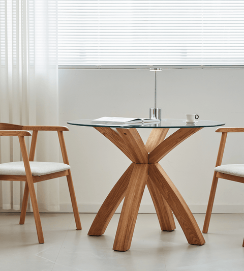 Sidney - Glas spisebord med ben i massiv egetræ Ø100 cm