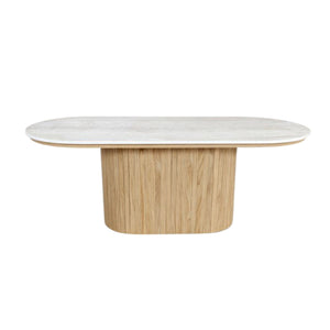 Bobby - Oval sofabord med lys beige stenbordplade og fod i eg 120x55x45 cm