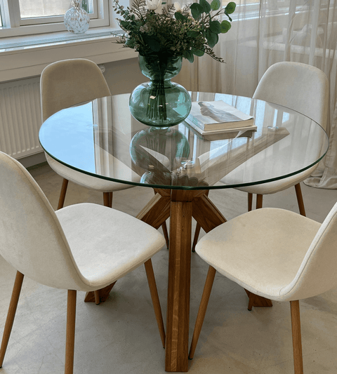 Sidney - Glas spisebord med ben i massiv egetræ Ø100 cm