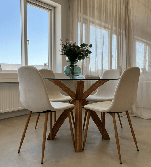 Sidney - Glas spisebord med ben i massiv egetræ Ø100 cm