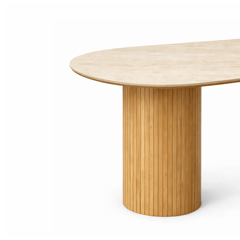 Enzo ovalt spisebord med stenbordplade i beige og lamelfod i eg 220x100x76 cm