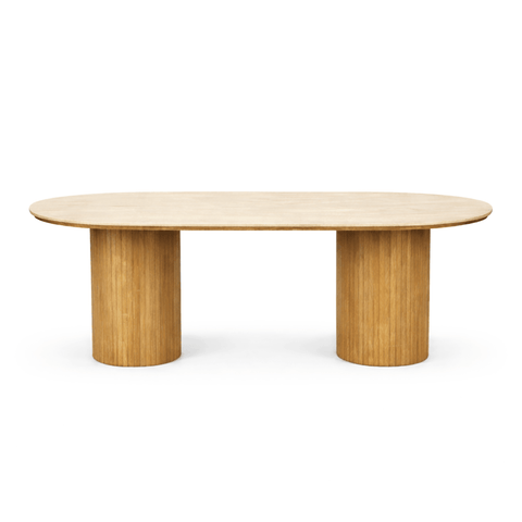 Enzo ovalt spisebord med stenbordplade i beige og lamelfod i eg 220x100x76 cm