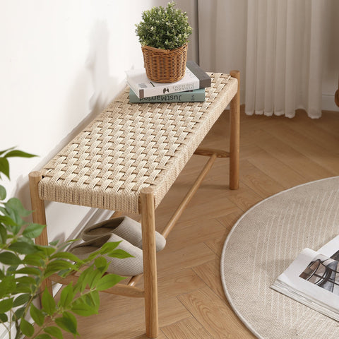 Elias bænk i eg med flet sæde 90x35x45 cm