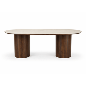 Enzo ovalt spisebord med stenbordplade i beige og lamelfod i røget eg 220x100x76 cm