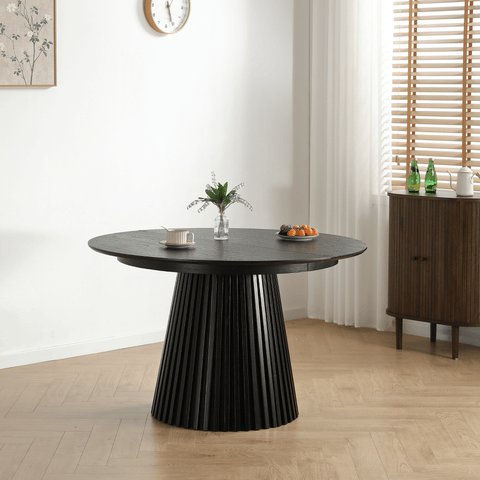 Lewis - Lamel rundt Spisebord I sort Egefiner med udtræk 120/160/200 CM - 2x tillægsplader medfølger