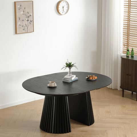 Lewis - Lamel rundt Spisebord I sort Egefiner med udtræk 120/160/200 CM - 2x tillægsplader medfølger