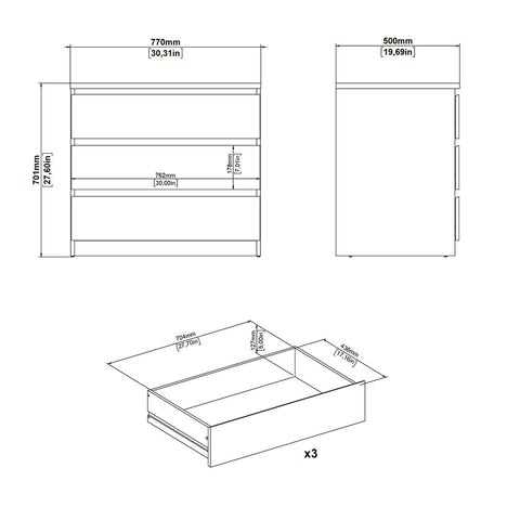 Naia kommode 3 skuffer hvid H: 70 x B: 77 x D: 50 cm