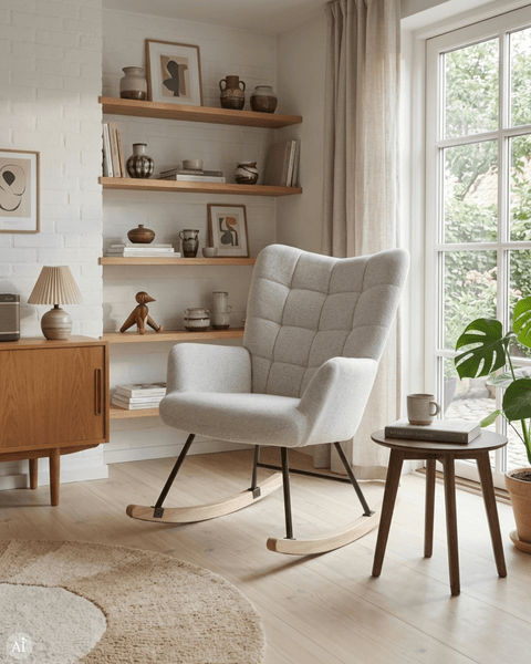 Robert gyngestol med armlæn - beige tekstil med eg
