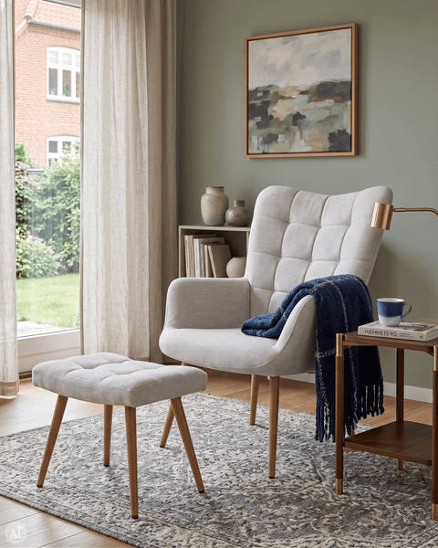 Robert lænestol med skammel - beige tekstil med egelook