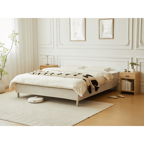 Kontinentalseng i beige 180x200 cm med 4 cm topmadras i PU-skum inkl. chrome ben