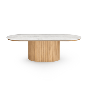 Bobby - Oval sofabord med lys beige stenbordplade og fod i eg 120x55x45 cm