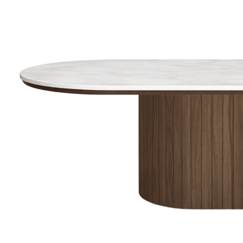 Bobby - Oval sofabord med lys beige stenbordplade og fod i røget eg 120x55x45 cm