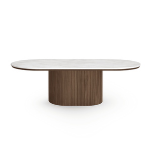 Bobby - Oval sofabord med lys beige stenbordplade og fod i røget eg 120x55x45 cm