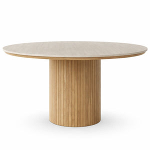 Enzo rundt spisebord med bordplade i beige sten og lamelfod i egetræ Ø120 cm