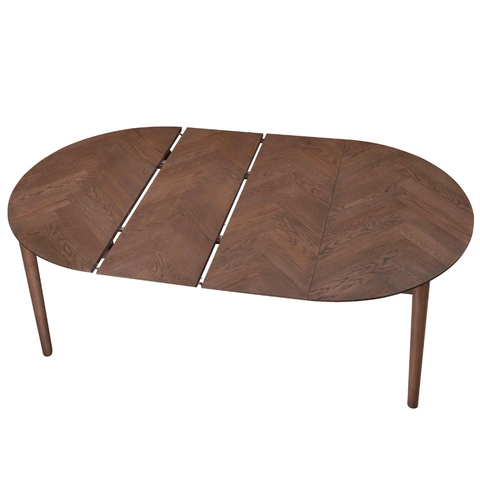 Maggie - Rundt spisebord i røget egefiner med udtræk 120/160/200 cm - Inkl. 2 Tillægsplader. Uden emballage, ridser, småskader (OUB10512)